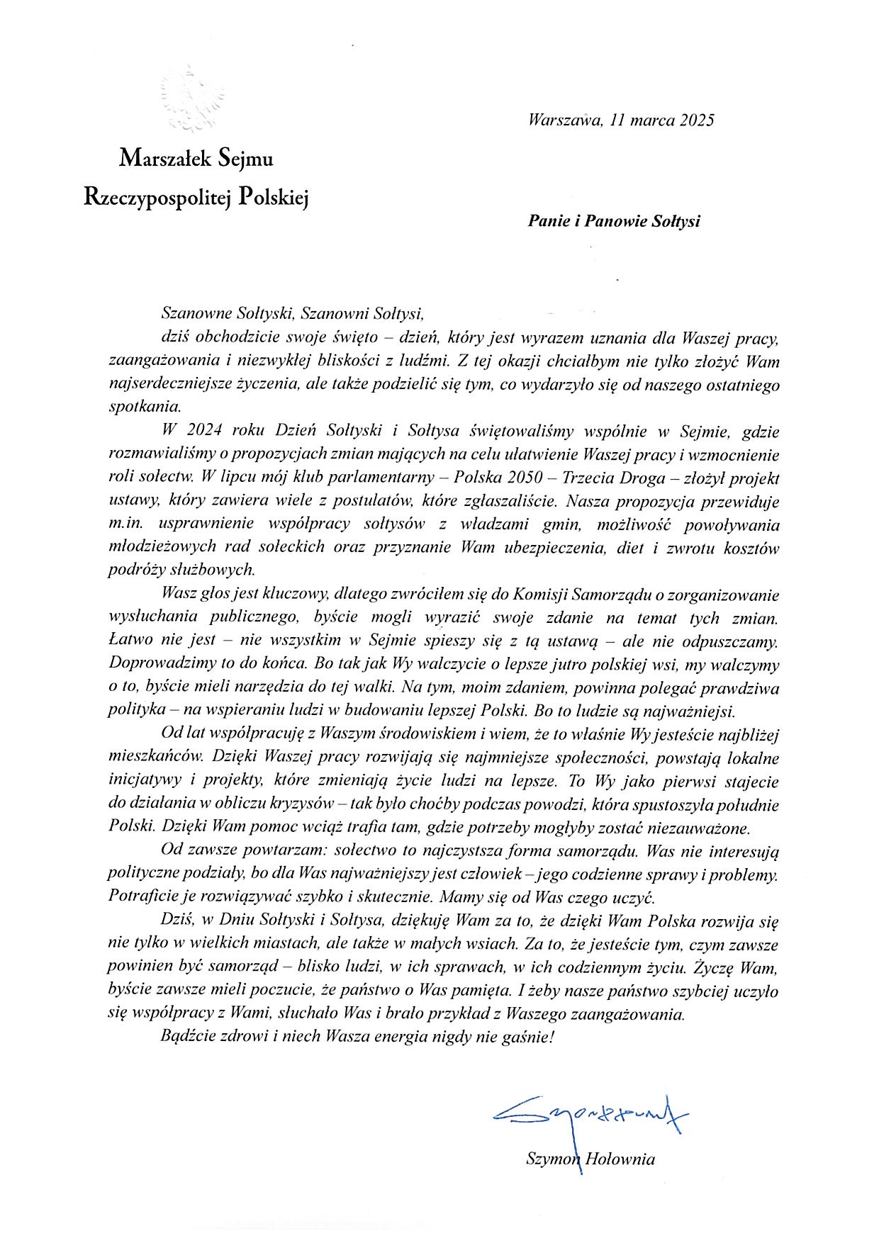LIST MARSZAŁKA SEJMU