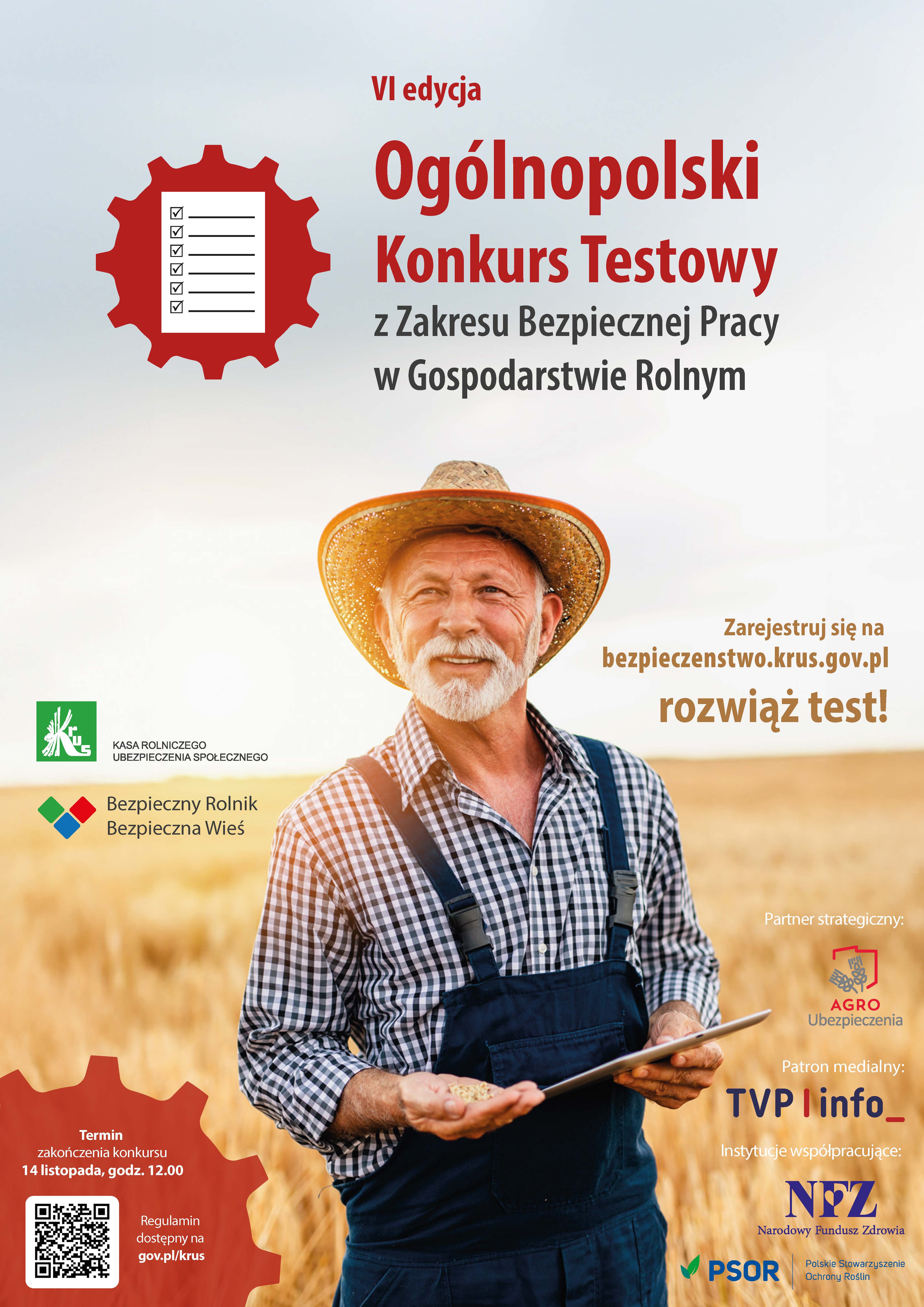 Plakat Konkurs Testowy z Zakresu Bezpiecznej Pracy w Gospodarstwie Rolnym 