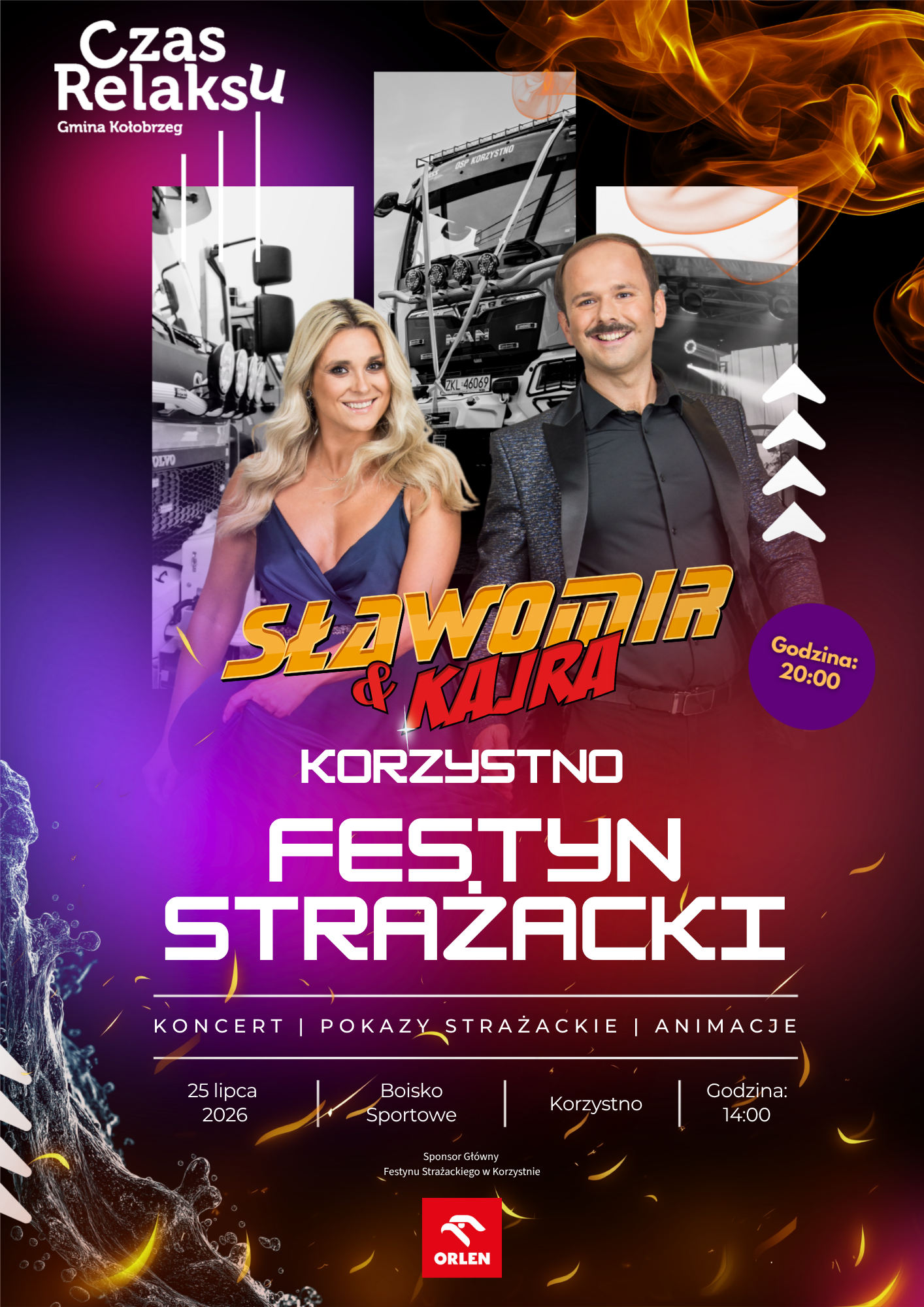 Plakat Festyn Strażacki 2026 Plakat Festynu Strażackiego w Korzystnie, organizowanego 25 lipca 2026 roku na boisku sportowym. Festyn rozpoczyna się o godzinie 14:00. W programie koncert, pokazy strażackie i animacje. Występ „Sławomir & Kajra” zaplanowano na godzinę 20:00. Sponsorem głównym jest ORLEN.